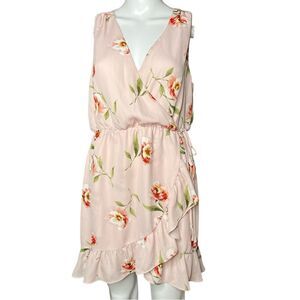 Aqua Floral V Neck Sleeveless Mini Dress Pink Size Medium